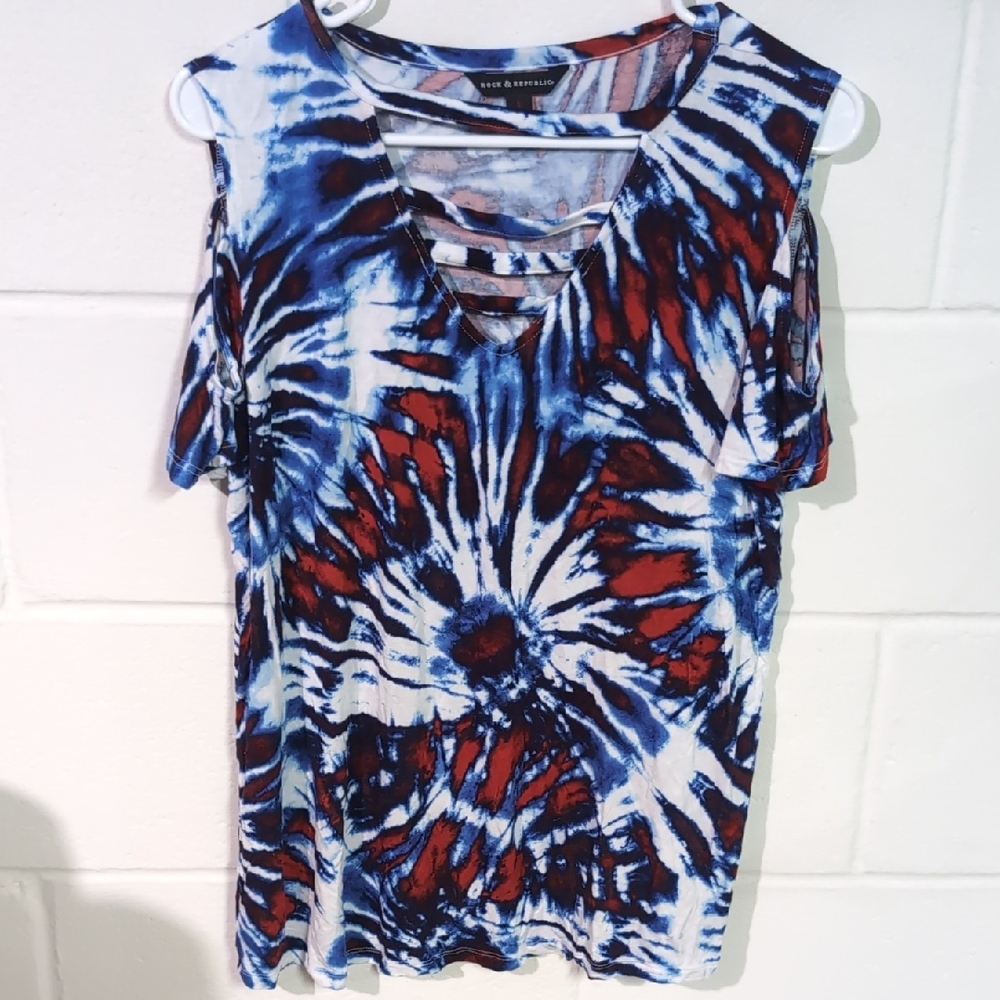Blue & Red Tie-Dye Women's Top With Cut Out Shoulders And V-neck Design.